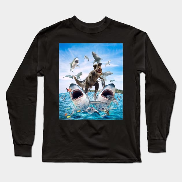 Dinosaur Riding Sharks Long Sleeve T-Shirt by Random Galaxy